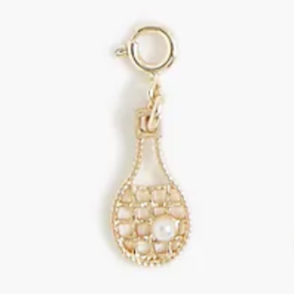 JCREW Tennis Charm Gold Racquet Pearl Ball Clip On to Bracelet Necklace Bag NWT